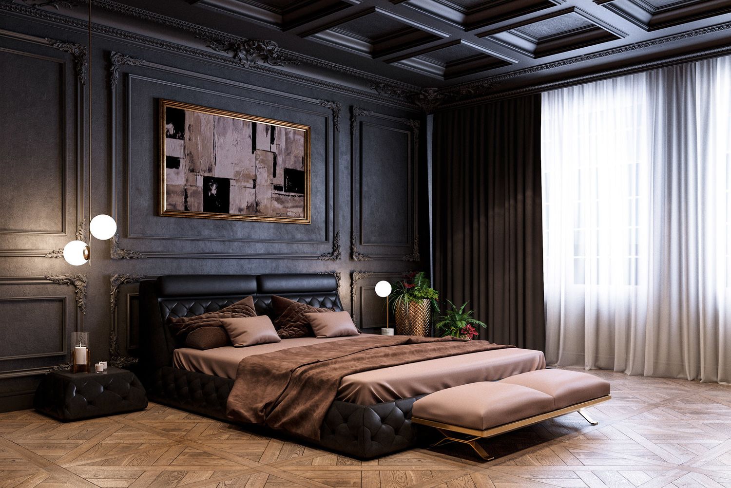 Интерьер спальни в современном стиле в темных тонах