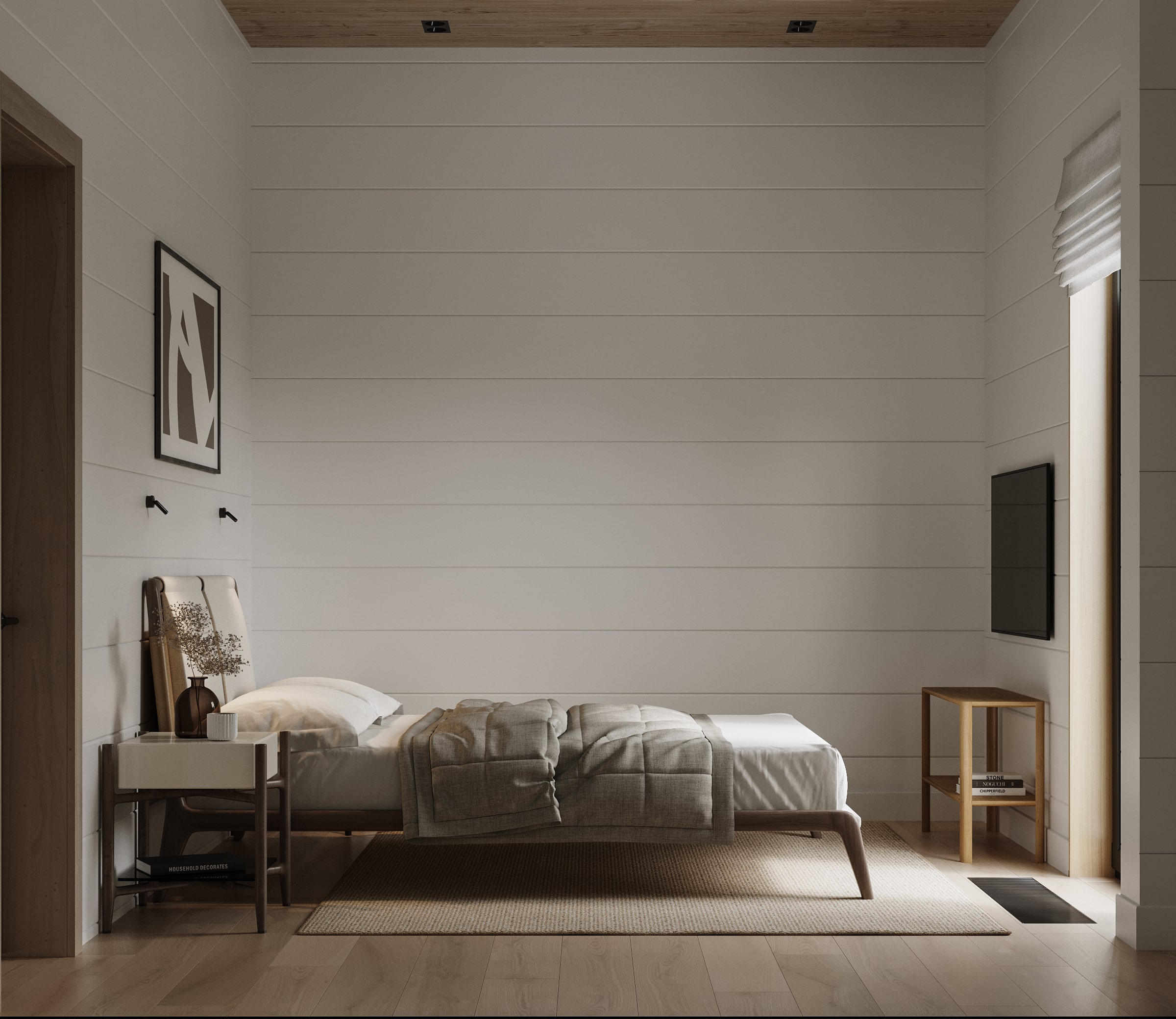 Интерьер спальни в доме из бруса в скандинавском стиле