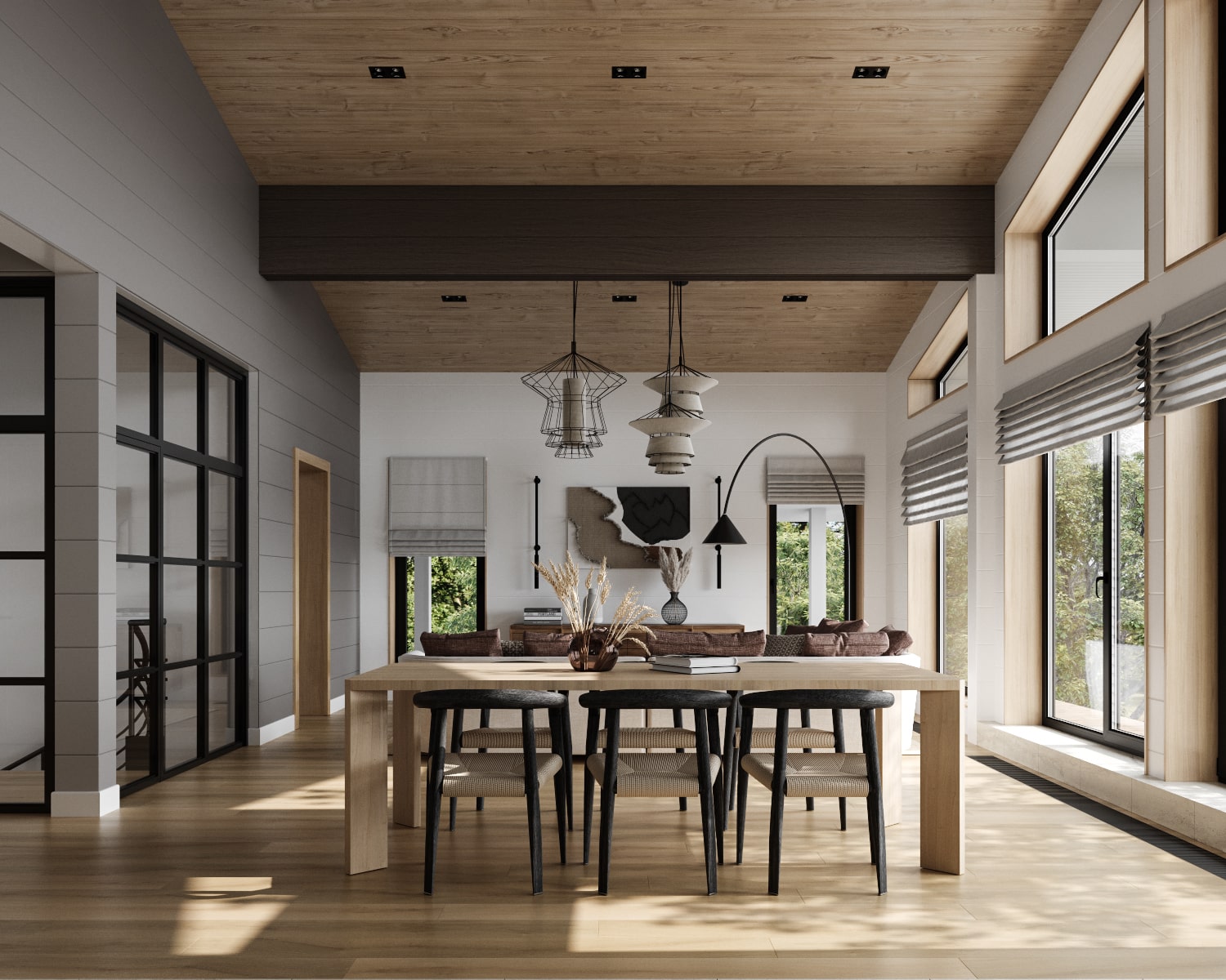 Интерьер кухни-гостиной в доме из бруса в скандинавском стиле