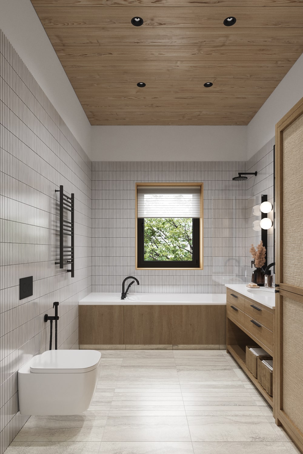 Интерьер ванной комнаты в доме из бруса в стиле джапанди