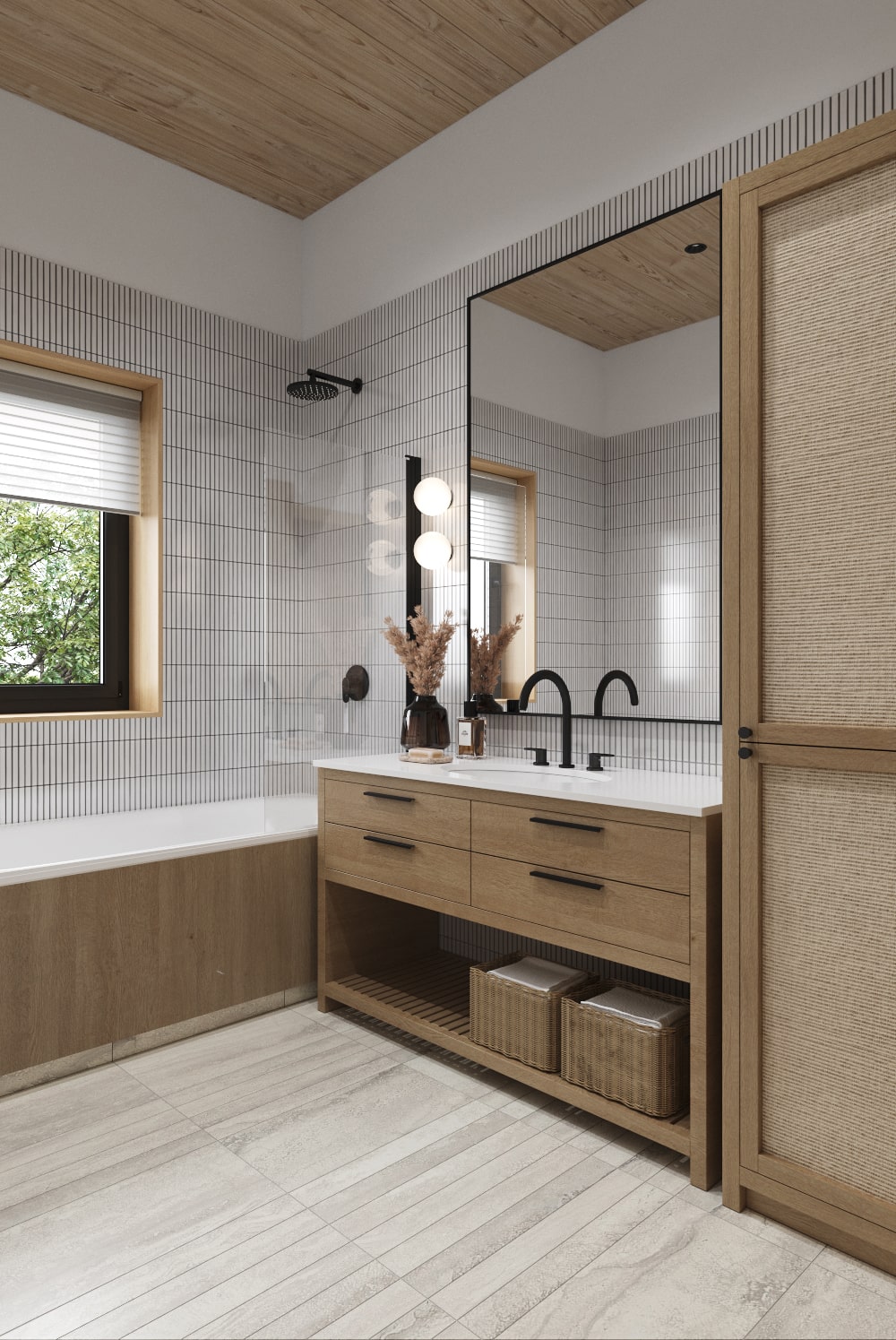 Интерьер ванной комнаты в доме из бруса в скандинавском стиле